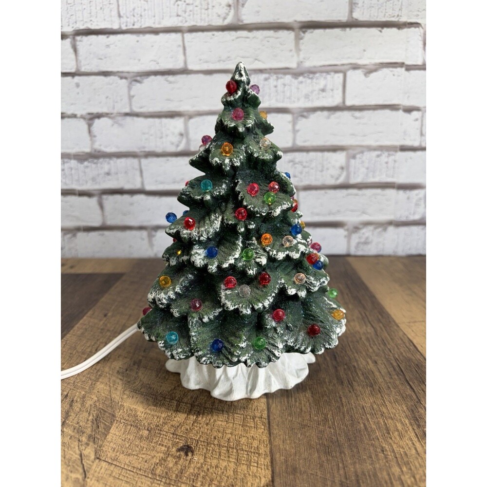 Vintage Holland Mold Ceramic Christmas Tree 8” With Base Flocked Snow